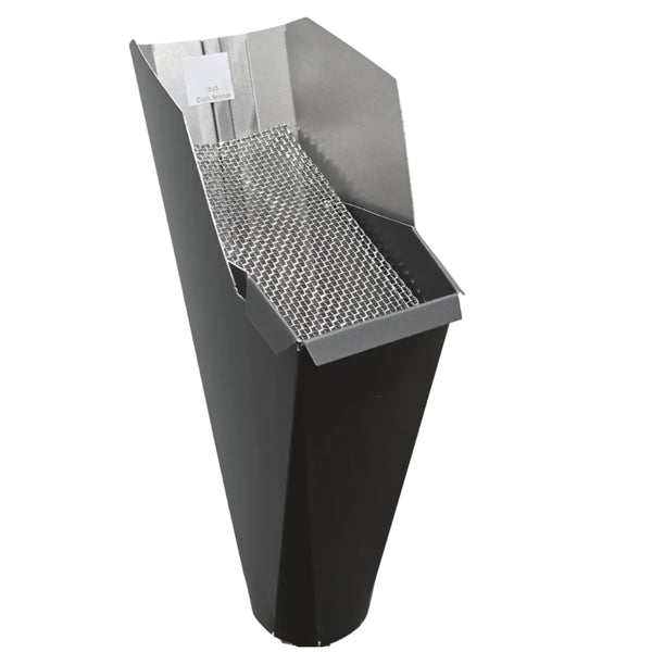 2x3-Dark_Bronze aluminum gutter downspout cleanout with debris screen filtering leaves before the downspout.