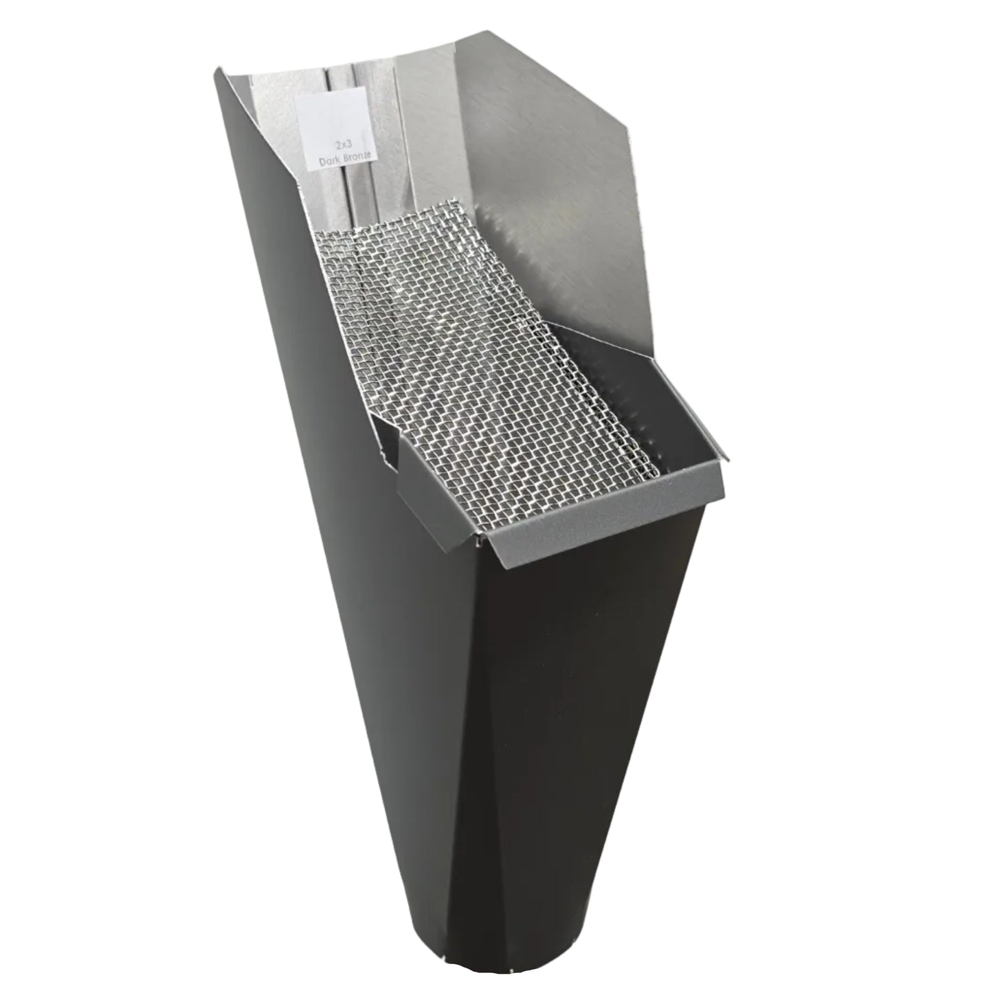 2x3 Dark Bronze aluminum gutter downspout cleanout with debris screen filtering leaves before the downspout.