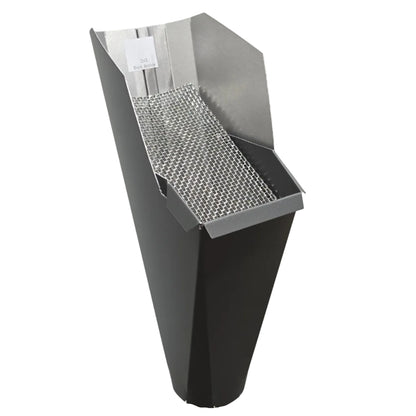 2x3 Dark Bronze aluminum gutter downspout cleanout with debris screen filtering leaves before the downspout.