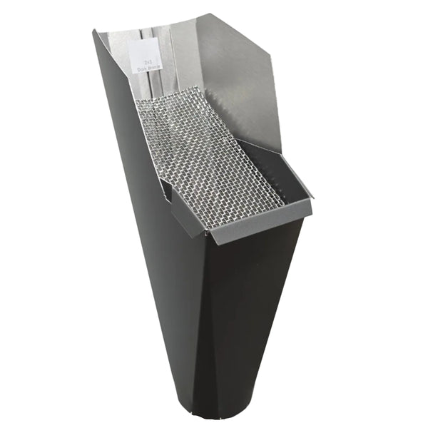 2x3 Dark Bronze aluminum gutter downspout cleanout with debris screen filtering leaves before the downspout.