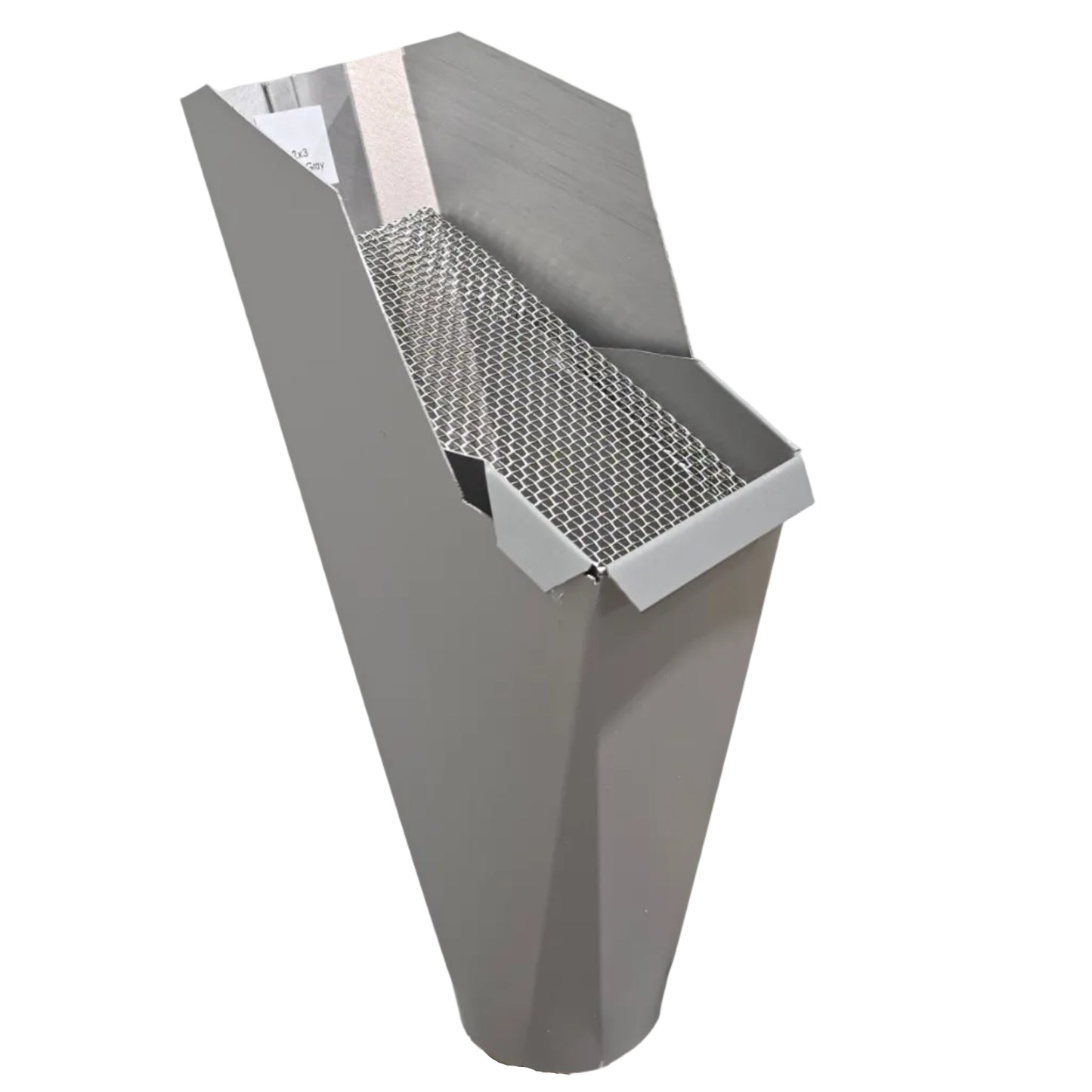2x3 Dove Gray aluminum gutter downspout cleanout with debris screen filtering leaves before the downspout.