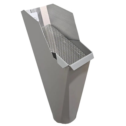 2x3 Dove Gray aluminum gutter downspout cleanout with debris screen filtering leaves before the downspout.