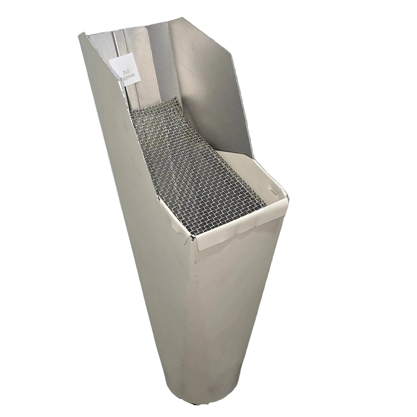 Eggshell aluminum gutter downspout cleanout with debris screen filtering leaves before the downspout.