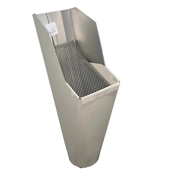 Eggshell aluminum gutter downspout cleanout with debris screen filtering leaves before the downspout.