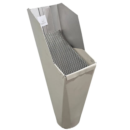 2x3-Eggshel aluminum gutter downspout cleanout with debris screen filtering leaves before the downspout.