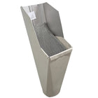 2x3-Eggshel aluminum gutter downspout cleanout with debris screen filtering leaves before the downspout.