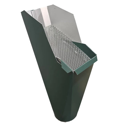 2x3 Forest Green aluminum gutter downspout cleanout with debris screen filtering leaves before the downspout.