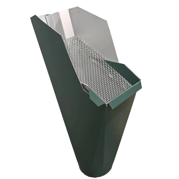 2x3 Forest Green aluminum gutter downspout cleanout with debris screen filtering leaves before the downspout.