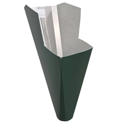 2x3 Forest Green aluminum gutter downspout cleanout with debris screen filtering leaves before the downspout.