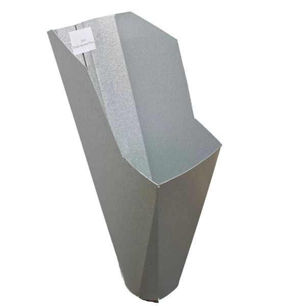 2x3-Galvalume_Plus aluminum gutter downspout cleanout with debris screen filtering leaves before the downspout.