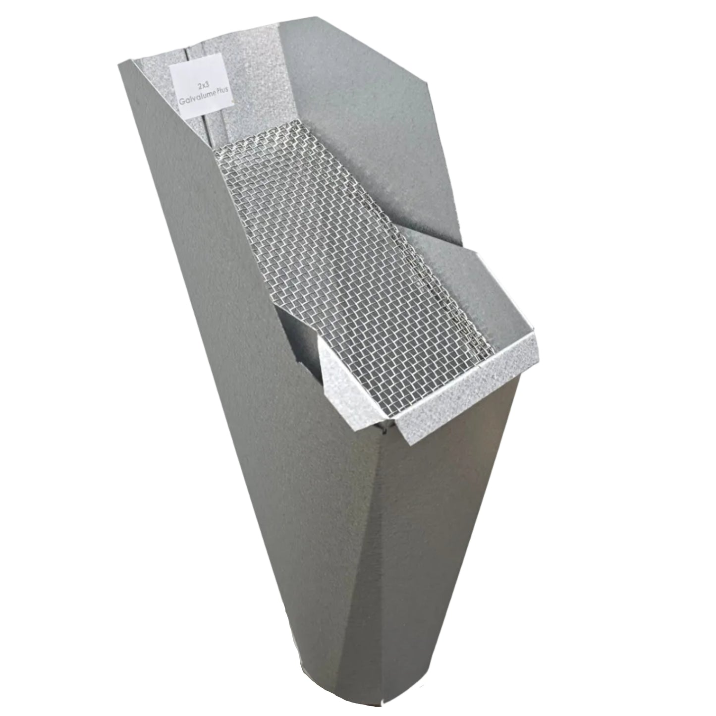 2x3 Galvalume Plus aluminum gutter downspout cleanout with debris screen filtering leaves before the downspout.