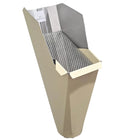 2x3 Heritage Cream aluminum gutter downspout cleanout with debris screen filtering leaves before the downspout.
