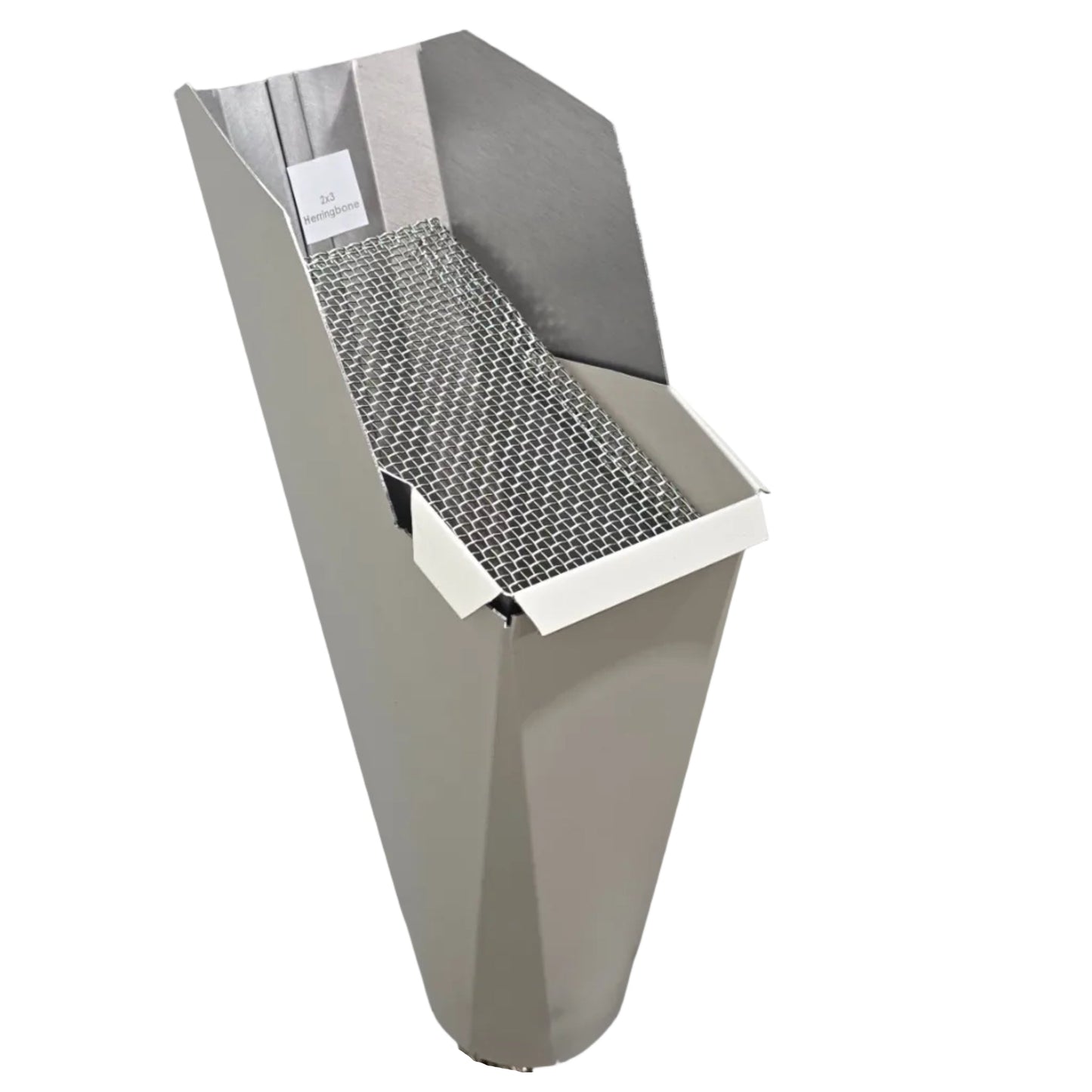 2x3 Herringbone aluminum gutter downspout cleanout with debris screen filtering leaves before the downspout.