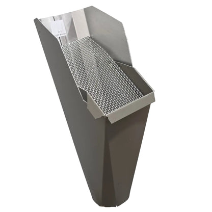 2x3 Light Bronze aluminum gutter downspout cleanout with debris screen filtering leaves before the downspout.