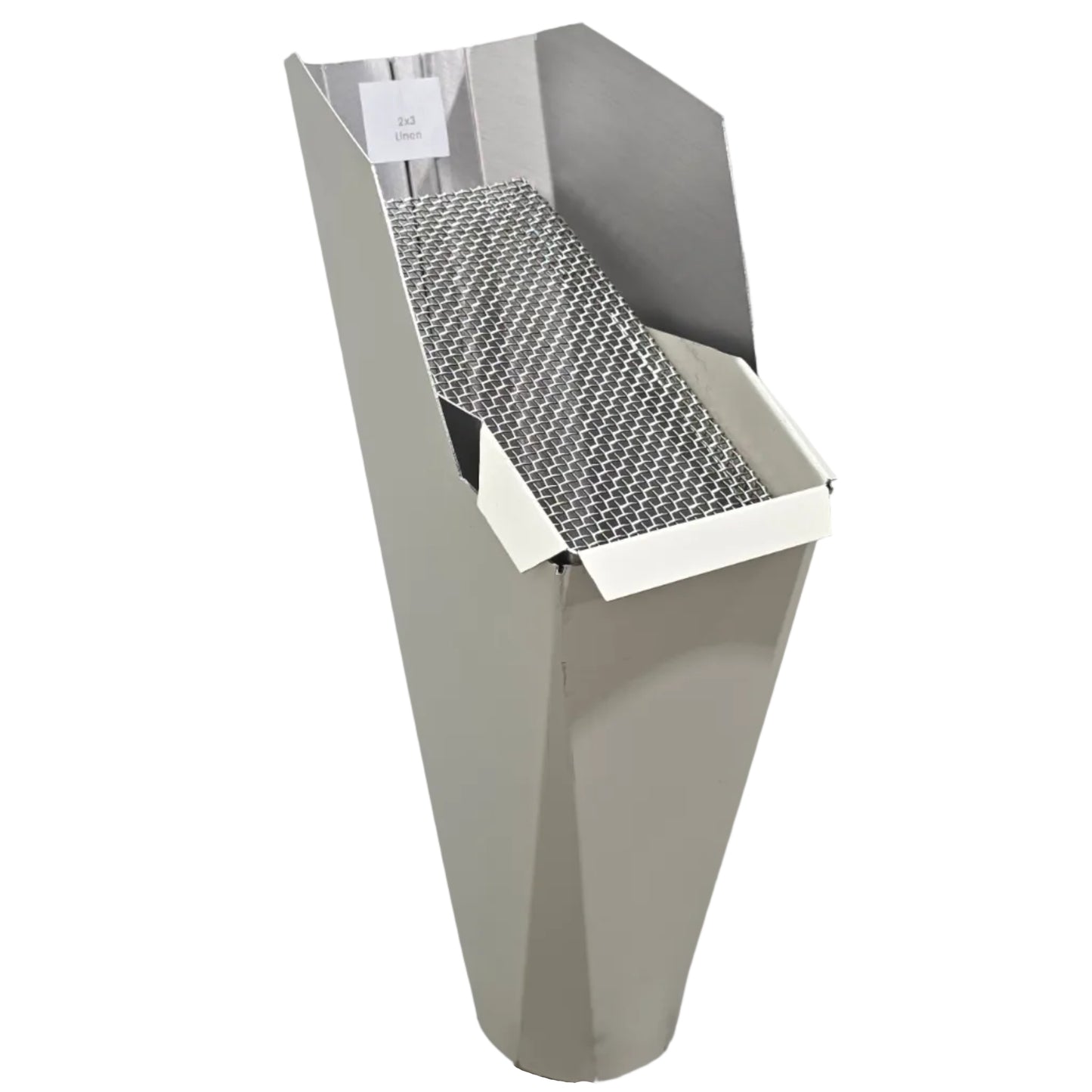 2x3 Linen aluminum gutter downspout cleanout with debris screen filtering leaves before the downspout.