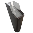 2x3 Musket Brown aluminum gutter downspout cleanout with debris screen filtering leaves before the downspout.