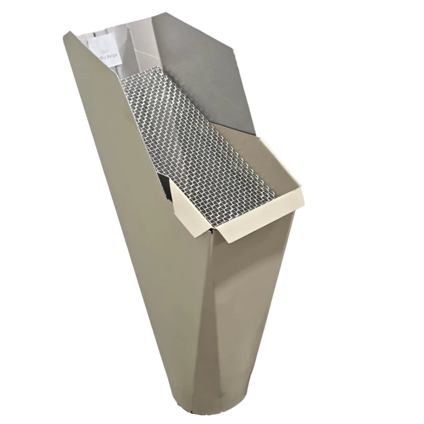 2x3 Raffia Beige aluminum gutter downspout cleanout with debris screen filtering leaves before the downspout.