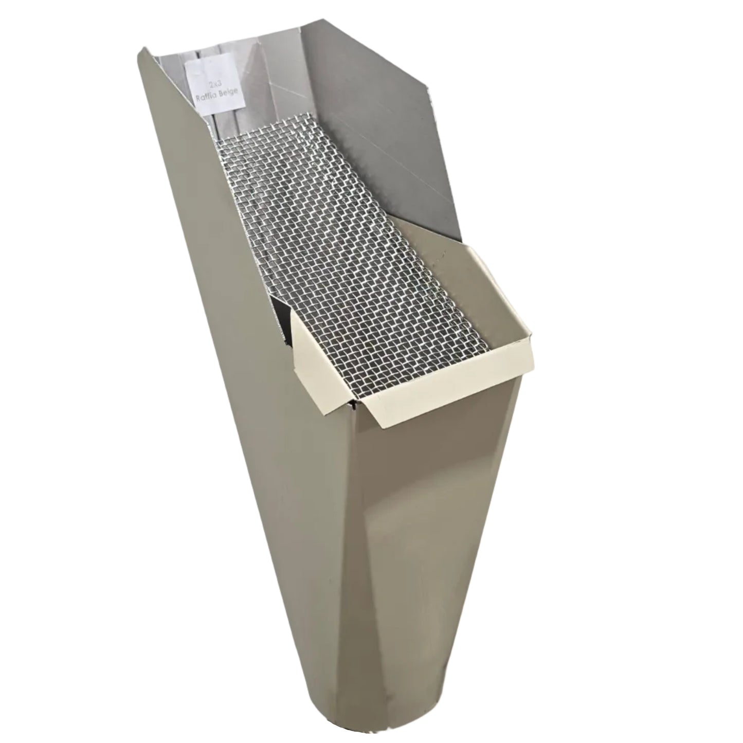 2x3 Raffia Beige aluminum gutter downspout cleanout with debris screen filtering leaves before the downspout.