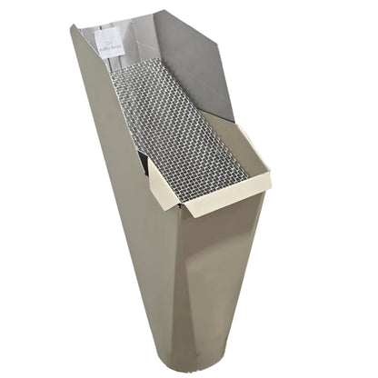 2x3 Raffia Beige aluminum gutter downspout cleanout with debris screen filtering leaves before the downspout.