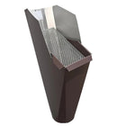 2x3 Royal Brown aluminum gutter downspout cleanout with debris screen filtering leaves before the downspout.