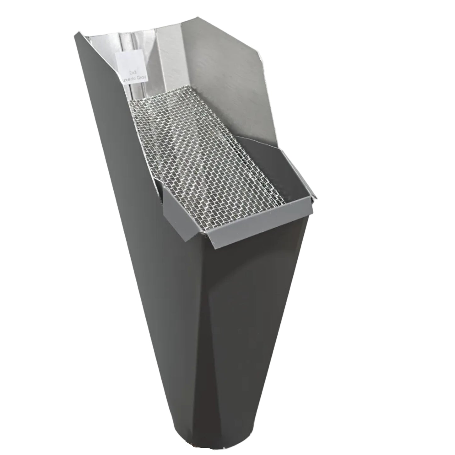 2x3 Tuxedo Gray aluminum gutter downspout cleanout with debris screen filtering leaves before the downspout.