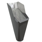 2x3 Tuxedo Gray aluminum gutter downspout cleanout with debris screen filtering leaves before the downspout.