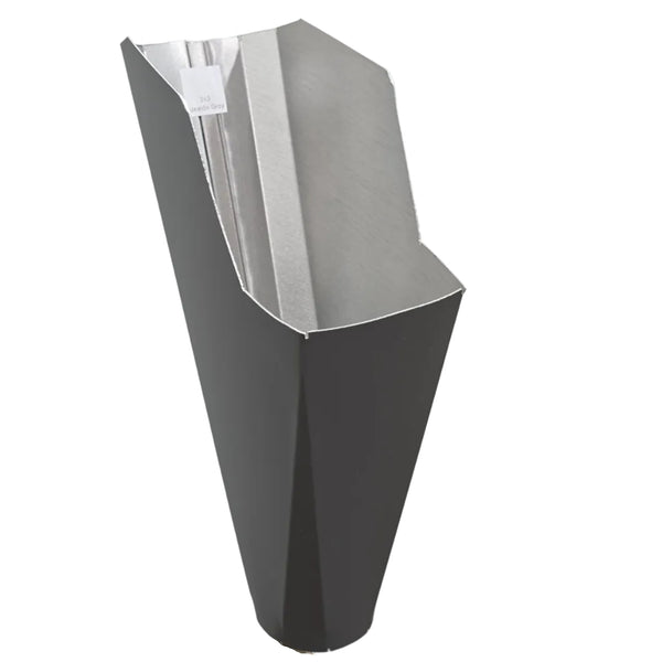 2x3 Tuxedo Gray aluminum gutter downspout cleanout with debris screen filtering leaves before the downspout.