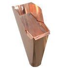 2x3 copper  aluminum gutter downspout cleanout with debris screen filtering leaves before the downspout.