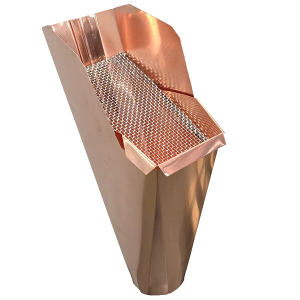 2x3 copper aluminum gutter downspout cleanout with debris screen filtering leaves before the downspout.
