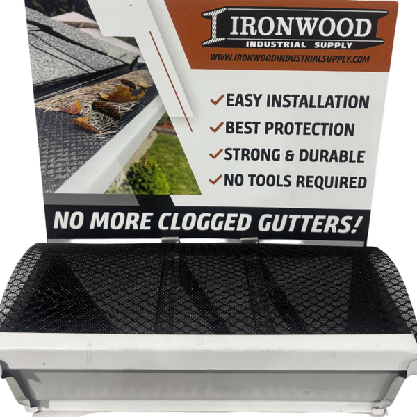 Ironwood gutter guard with protective mesh preventing debris and leaf clogging
