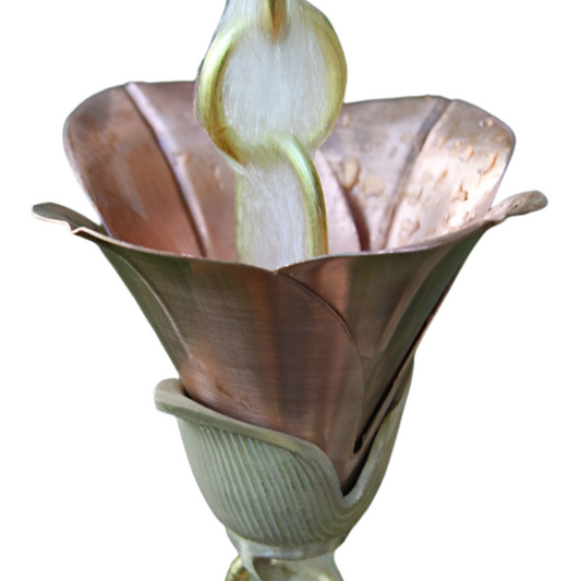 Kanji Cups rain chain. Mixed metal: copper flowers + brass bases. 8ft section with 12 cups. FULLY ASSEMBLED. V-hook included. Dual patina. Contractor DIY. Damascus OR.