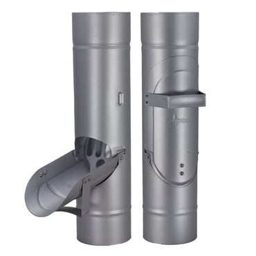 Euro Enclosed Cleanout in metallic silver Euro enclosed cleanout round downspout debris filter hinged access door internal basket aluminum 7 colors GutterAll Damascus Oregon