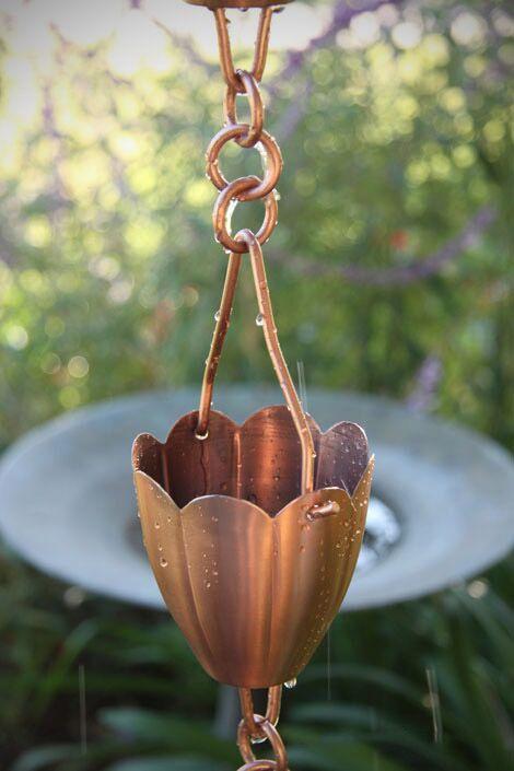 Cloud Cup (Kumo) rain chain. Japanese "cloud" design. 8ft section with 11 cups. Copper or stainless steel. 3-1/2" cups. V-hook included. Contractor DIY. Damascus OR.