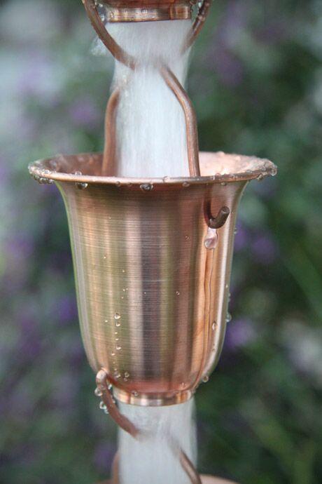 Simple bell cup aluminum rain chain 8ft sections with 20 cups. Powder coat in White, Black, Bronze, Copper. 3-1/4" x 3-3/8". Contractor and DIY. Damascus OR.