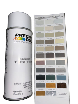 Precision Color spray paint 12oz Egret White can with color selection guide showing 40+ paint color swatches for comparison on concrete surfaces