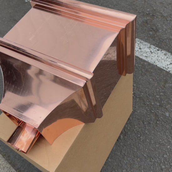 Copper conductor head leader head rain head collection box 14 inch single crown top smooth front flared body 2x3 oval downspout connection architectural gutter accessory premium residential commercial Damascus Oregon GutterAll