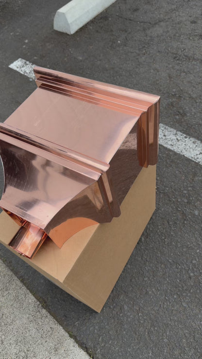 Copper conductor head leader head rain head collection box 14 inch single crown top smooth front flared body 2x3 oval downspout connection architectural gutter accessory premium residential commercial Damascus Oregon GutterAll