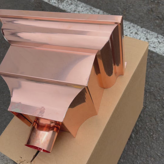 Copper conductor head leader head 13 inch crown molding rain collector box for 2x3 oval downspout residential gutter drainage architectural copper collector - GutterAll Damascus Oregon