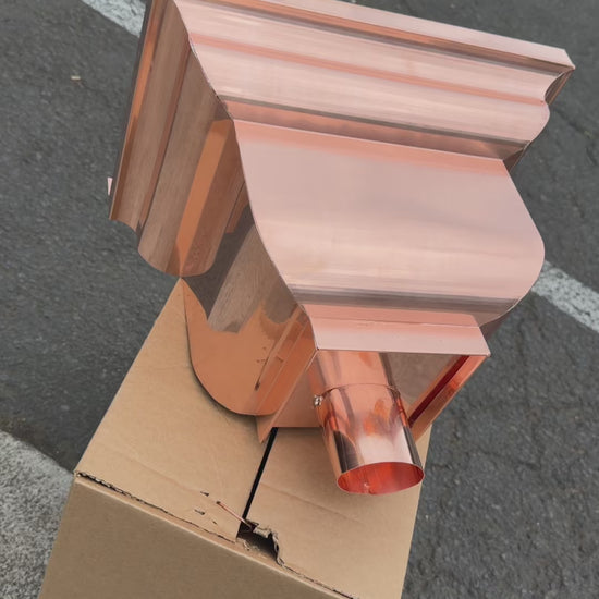 Copper conductor head leader head rain collector box 14x10x11 inch crown molding design smooth curved front 2x3 oval outlet polished copper finish architectural gutter accessory custom homes upscale remodels GutterAll Damascus Oregon