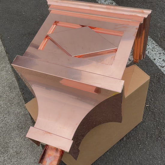 21x17x11 inch copper conductor head leader head collection box rain head decorative gutter scupper architectural drainage recessed diamond panel bold crown molding 2x3 oval downspout outlet premium handcrafted copper rainwater collector high-end residential custom projects GutterAll Damascus Oregon