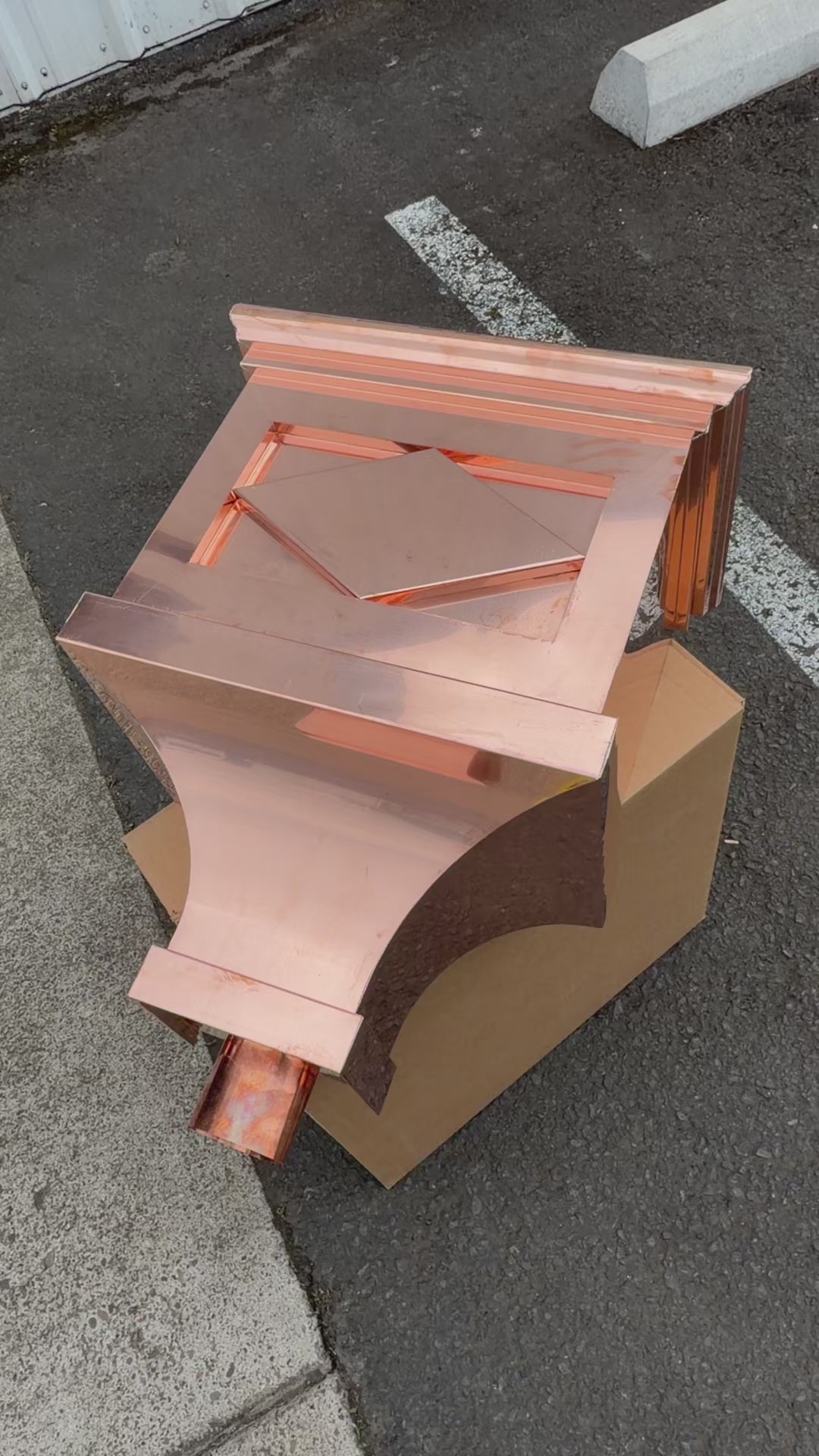 21x17x11 inch copper conductor head leader head collection box rain head decorative gutter scupper architectural drainage recessed diamond panel bold crown molding 2x3 oval downspout outlet premium handcrafted copper rainwater collector high-end residential custom projects GutterAll Damascus Oregon