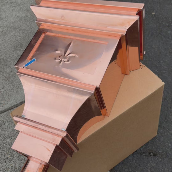 Fleur‑de‑Lis Copper Conductor Head – 15"x9.5"x20" Ornamental Collection Box with 2x3 Oval Outlet