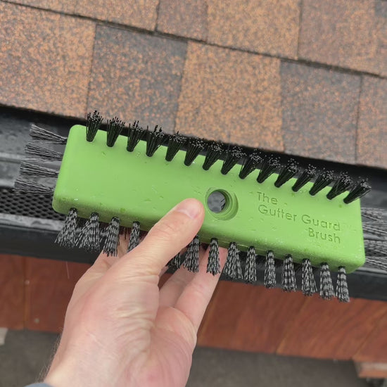 Gutterglove gutter guard cleaning brush green plastic 3-sided black bristles extension pole mount GutterAll Damascus Oregon