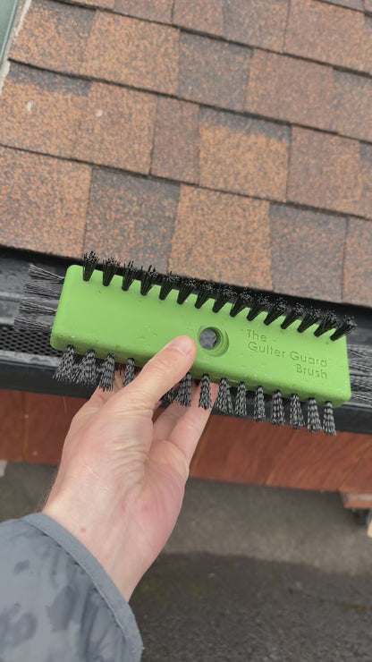 Gutterglove gutter guard cleaning brush green plastic 3-sided black bristles extension pole mount GutterAll Damascus Oregon