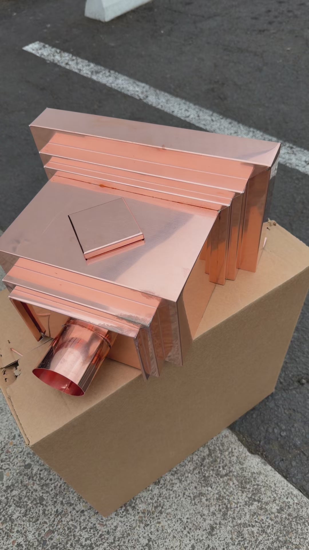 Copper conductor head leader head rain collector box 14 inch stepped decorative raised diamond panel 2x3 oval downspout architectural gutter accessory residential drainage - GutterAll Damascus Oregon