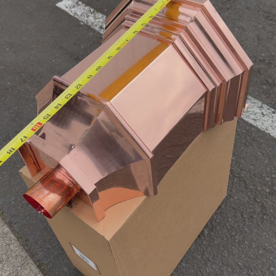 Copper conductor head 16x15x10 leader head rain head collection box crown molding tapered design gutter downspout overflow protection natural patina custom home architectural detail - GutterAll Damascus Oregon