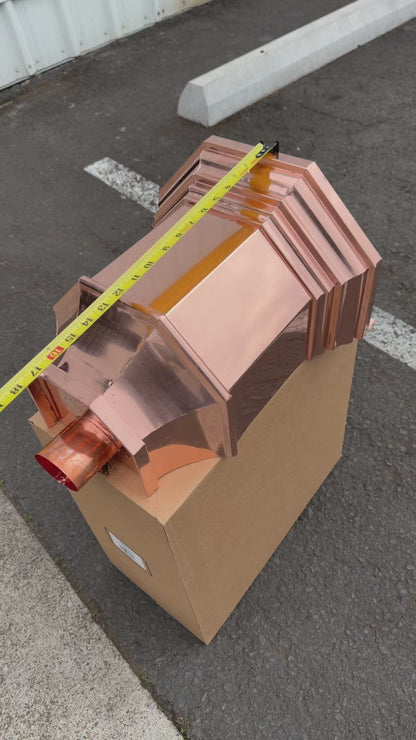 Copper conductor head 16x15x10 leader head rain head collection box crown molding tapered design gutter downspout overflow protection natural patina custom home architectural detail - GutterAll Damascus Oregon