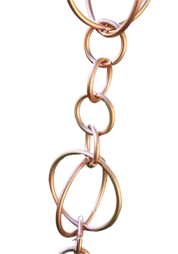 Close-up of copper hoops link rain chain with interlocking rings.