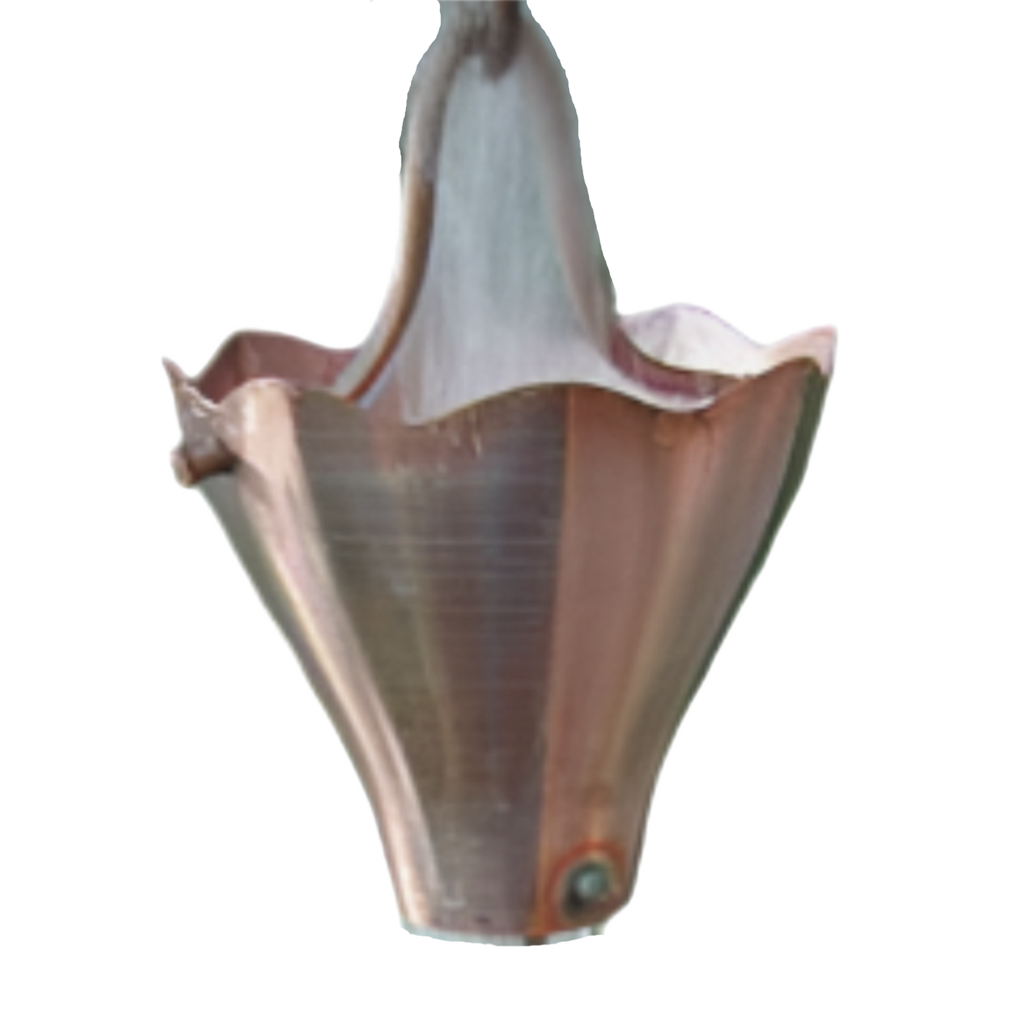 Octagon bloom cup copper rain chain 8ft sections with 21 geometric cups. 3-1/2" width, 1-1/4" opening. Natural patina. V-hook included. Contractor DIY. Damascus OR.