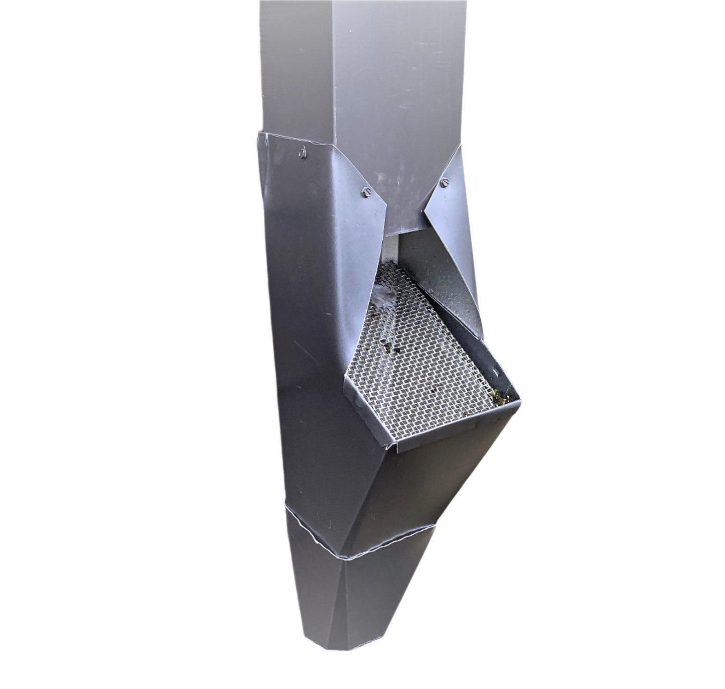 Black GutterAll downspout cleanout screen isolated on a white background.